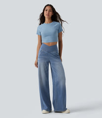 Halara Flex™ Crossover High Waisted Tummy Control Wide Leg Casual Jeans with Pockets