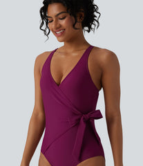 V Neck Tie Side Built-in Bra Tummy Control One Piece Swimsuit