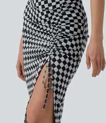 Halara UltraSculpt™ Check Print High Waisted Drawstring Bodycon Midi Casual Skirt