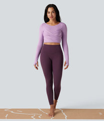 Push-Up Molded Spacer Scoop Neck Long Sleeve Thumb Holes Crossover Cropped Yoga Sports Top