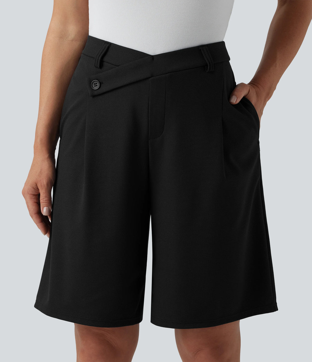 Asymmetric Mid Rise Waffle Work Bermuda Shorts 10'' with Pockets