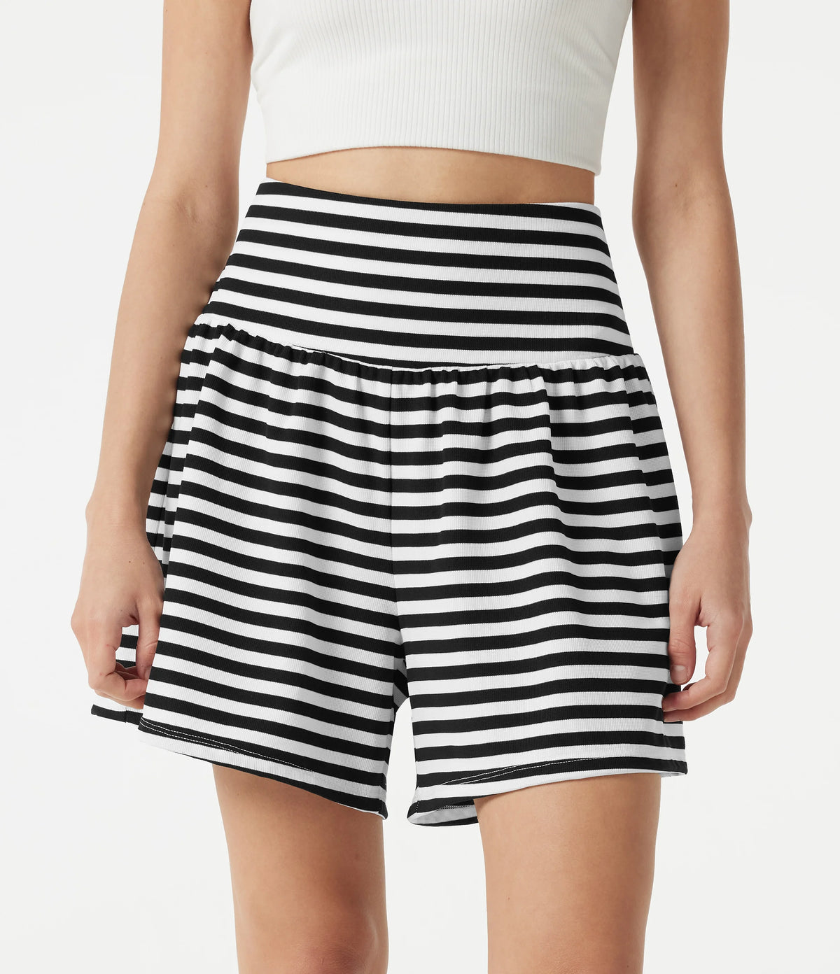High Waisted 2-in-1 Stripe Waffle Casual Shorts 5'' with Pockets