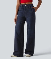 Mid Rise Denim Print French Terry Casual Sweatpants Jeans with Pockets
