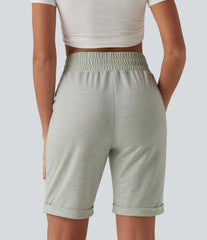High Waisted Rolled Hem Casual Bermuda Sweat Shorts with Pockets