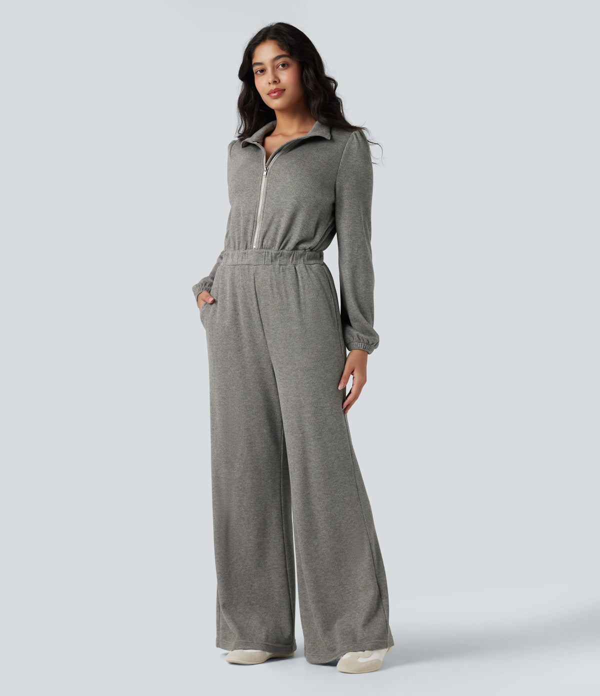 Half Zip Long Sleeve Wide Leg Casual Jumpsuit with Pockets-Easy Peezy Edition