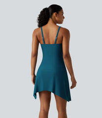 Queen Anne Neck Adjustable Straps Twisted Ruched Split Hem 2-in-1 Built-in Bra Push-Up Tummy Control Swim Dress with Pockets