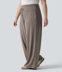 Plus Size Ribbed Knit High Waisted Tummy Control Drawstring Wide Leg Casual Pants with Pockets
