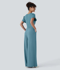 Breezeful™ V Neck Petal Sleeve Pocket Wide Leg Flowy Quick Dry Work Jumpsuit