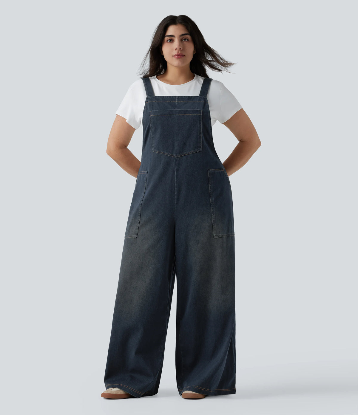 Plus Size Halara Flex™ Square Neck Washed Denim Casual Overalls with Pockets