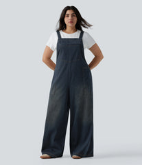 Plus Size Halara Flex™ Square Neck Washed Denim Casual Overalls with Pockets
