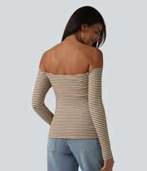 Ribbed Knit Off Shoulder Long Sleeve Built-in Bra Stripe Casual T-Shirt