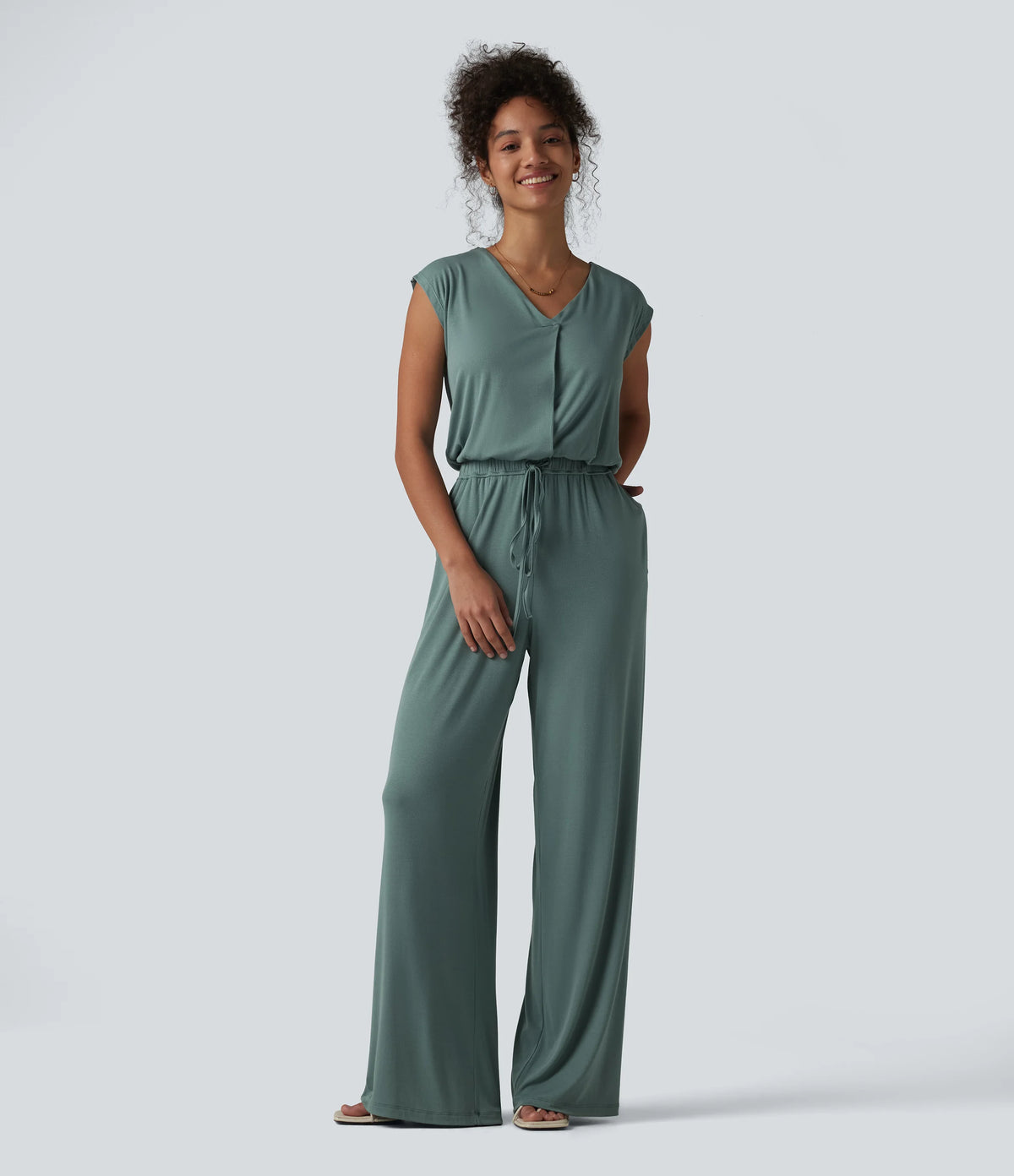 V-neck Sleeveless Drawstring Casual Jumpsuit with Pockets-Easy Peezy