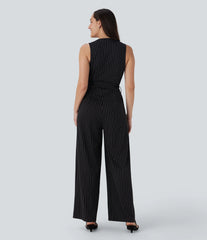 V Neck Sleeveless Belted Stripe InstantCool Work Jumpsuit with Pockets-Easy Peezy