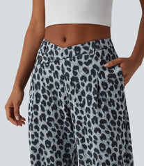 Asymmetric Mid Rise Barrel Leg Leopard Print Waffle Work Pants with Pockets