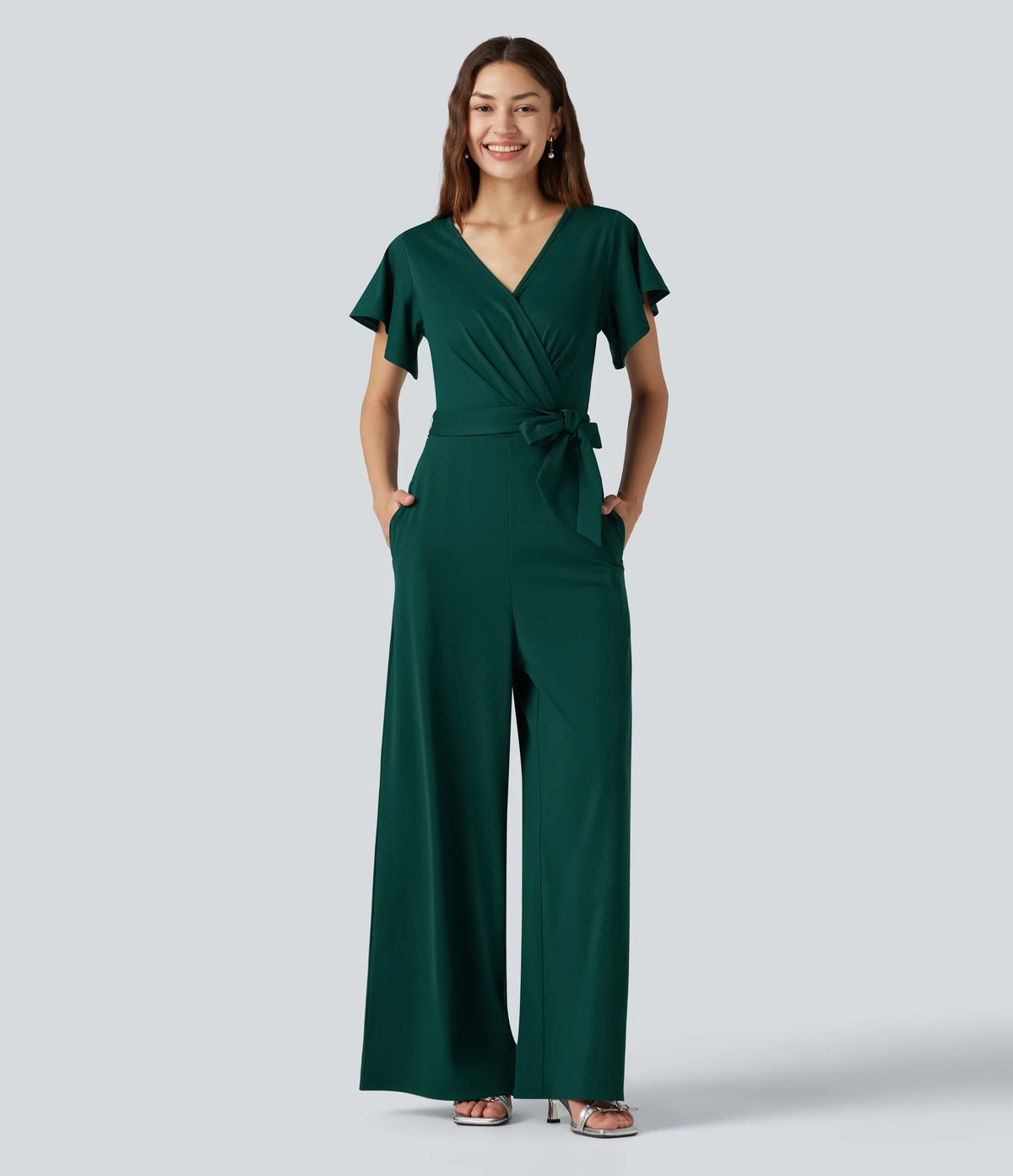 V Neck Short Sleeve Tie Side Baggy Casual Jumpsuit with Pockets-Easy Peezy Edition