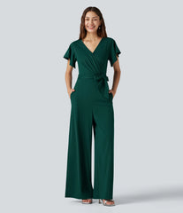 V Neck Short Sleeve Tie Side Baggy Casual Jumpsuit with Pockets-Easy Peezy Edition