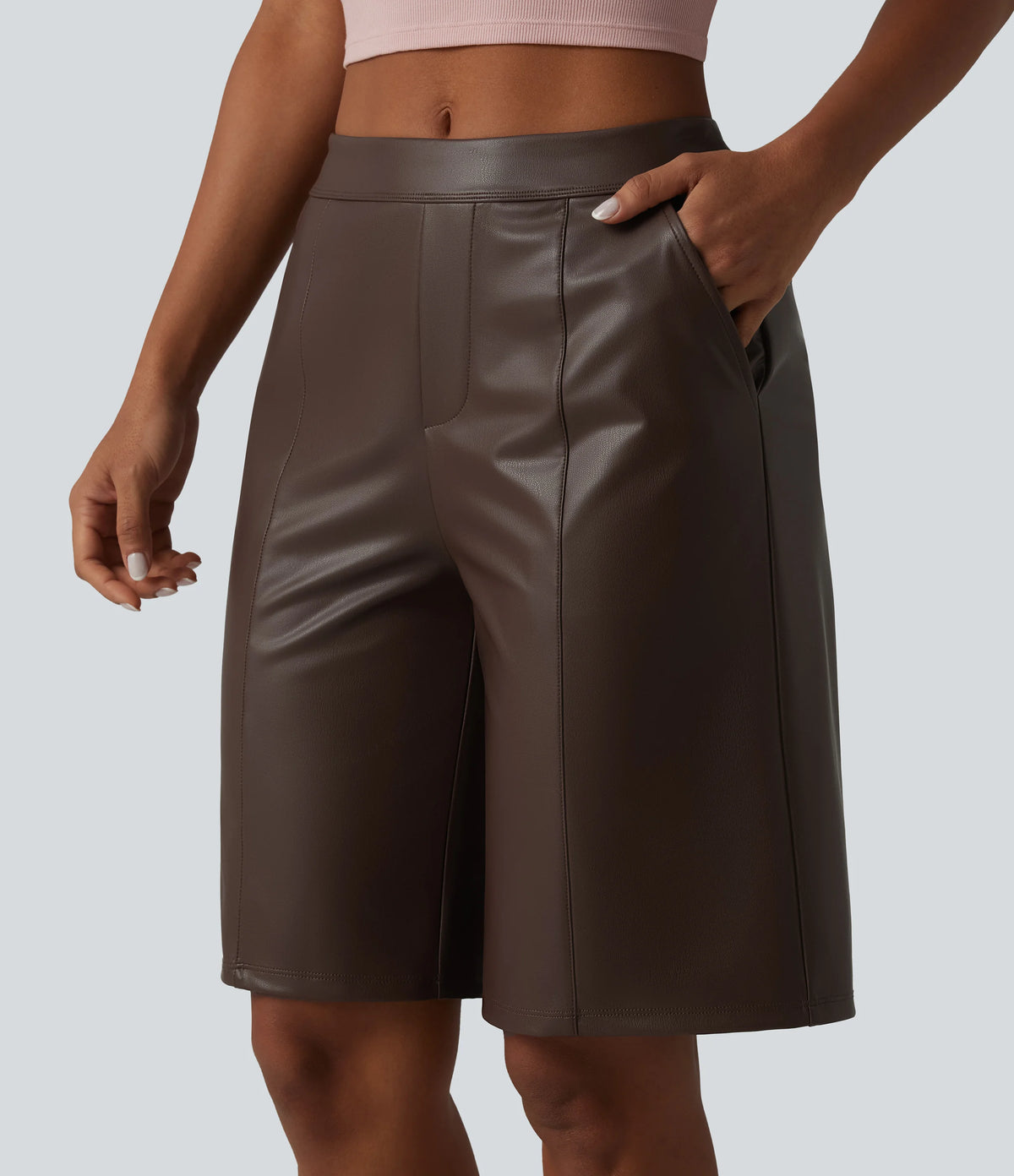 Mid Rise Stretchy PU Casual Bermuda Shorts 10'' with Pockets