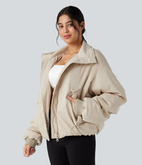 High Neck Long Sleeve Zipper Casual Puffer Jacket with Pockets