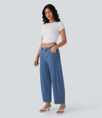 Halara Flex™ Mid Rise Washed Casual Barrel Leg Jeans with Pockets