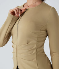 Round Neck Long Sleeve Ruched Zip Fly Work Blazer