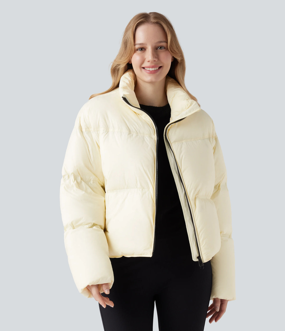 Stand Collar Drawstring Hem Casual Puffer Down Jacket with Pockets