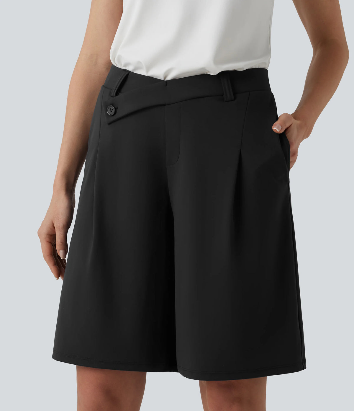 DayStretch Asymmetric Mid Rise Work Bermuda Shorts 10'' with Pockets