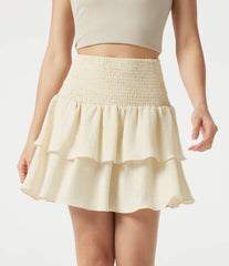 High Waisted Shirred Layered Mini Casual Linen-Feel Skirt