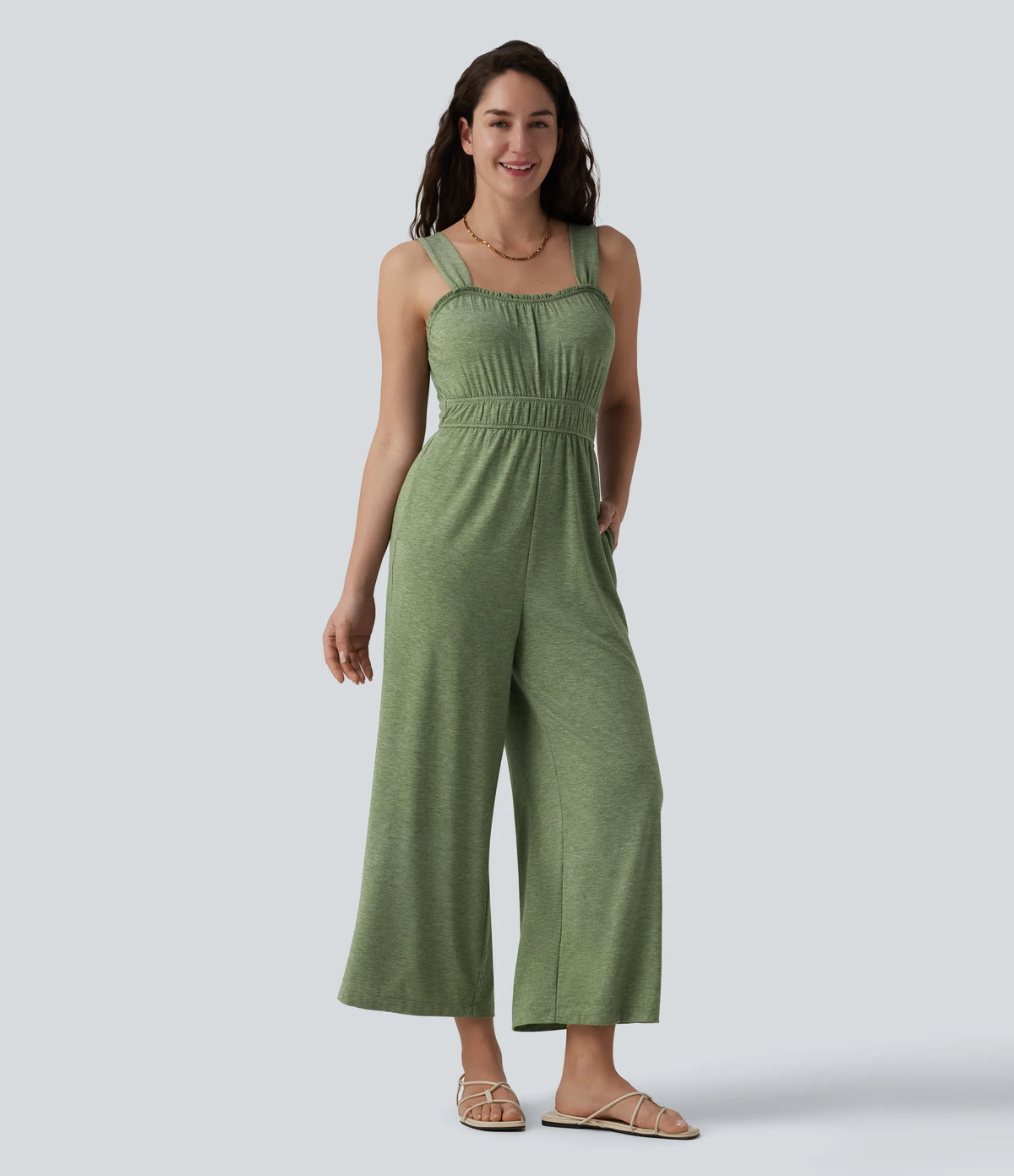 Sleeveless Frill Trim 7/8 Resort Jumpsuit with Pockets-Easy Peezy