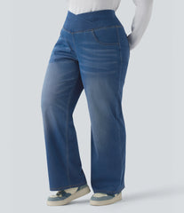 Halara Flex™ Crossover High Waisted Tummy Control Casual Straight Leg Plus Size Jeans with Pockets