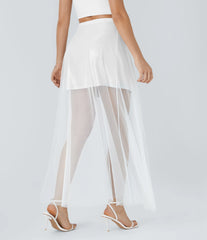 SoftlyZero™ Faux Leather Mesh High Waisted A Line Sparkle Foil Print Stretchy 2-Piece Mini Skirt