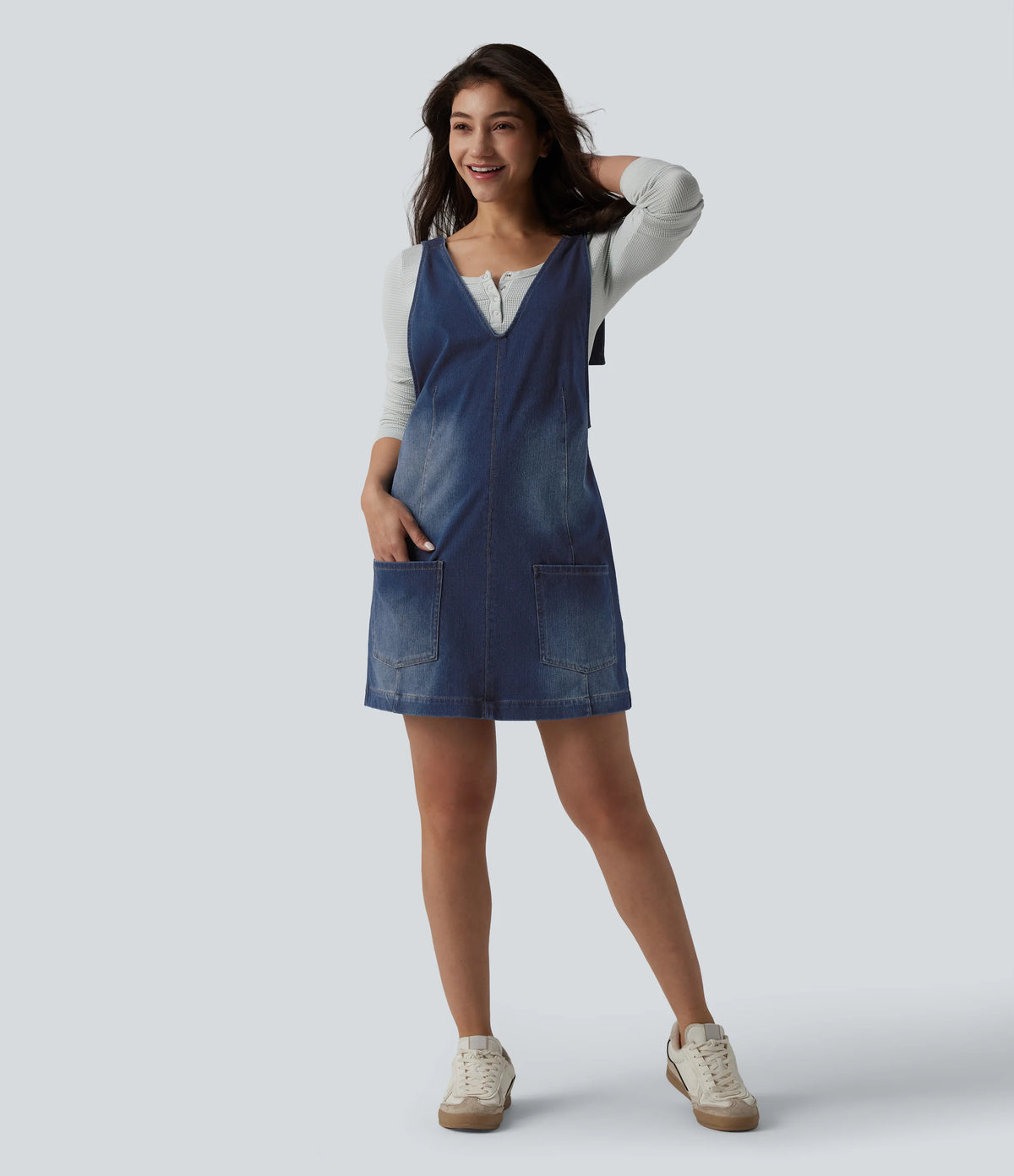 Halara Flex™ V Neck Washed Denim Mini Casual Dress with Pockets