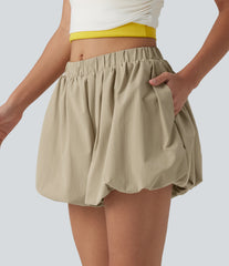 Mid Rise Stretchy Poplin Casual Bubble Shorts with Pockets