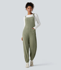 Ribbed Knit Adjustable Straps Casual Joggers Overalls with Pockets