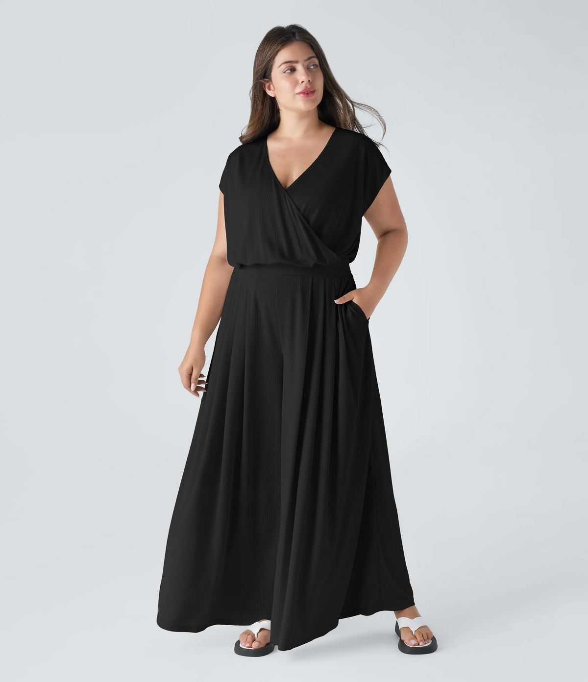 V Neck Short Sleeve Pocket Wide Leg Flowy Waffle Casual Plus Size Jumpsuit