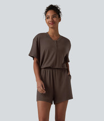 Henley Short Sleeve Casual Romper with Pockets-Easy Peezy