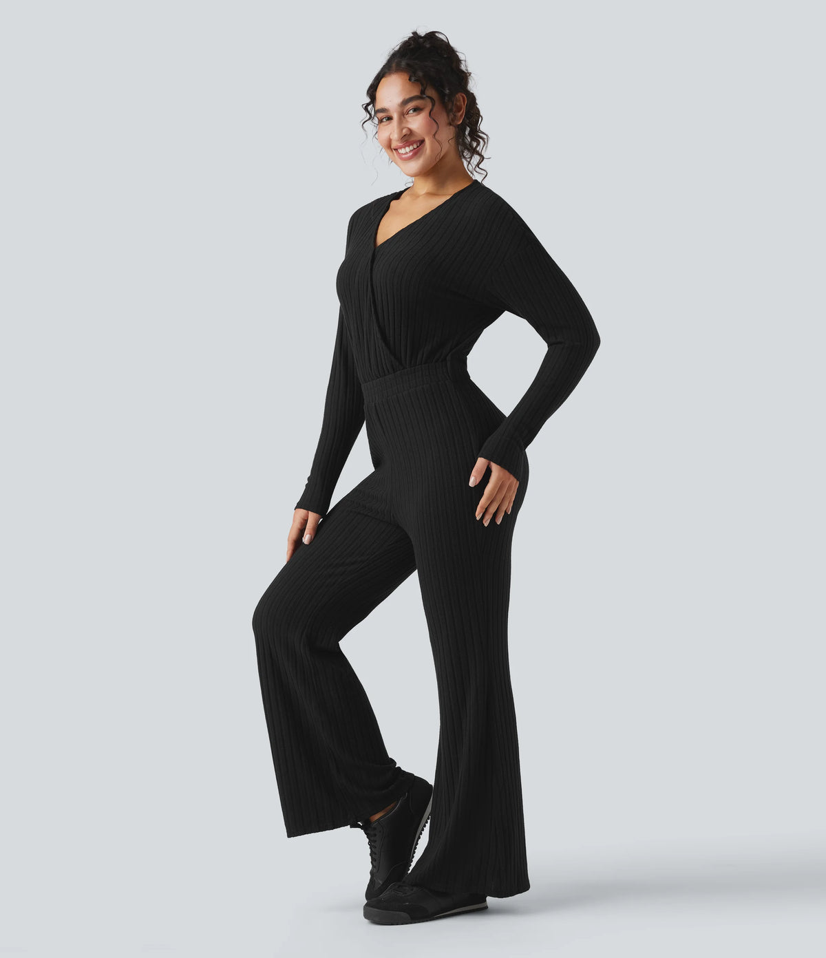 Ribbed Knit V-neck Long Sleeve Casual Jumpsuit-Easy Peezy