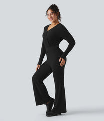 Ribbed Knit V-neck Long Sleeve Casual Jumpsuit-Easy Peezy