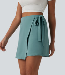 High Waisted Tie-side Linen-Feel Casual Skort