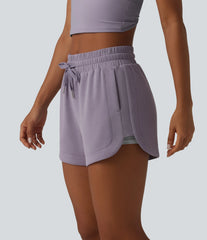 SpacerTek™ Mid Rise Drawstring Curved Hem 2-in-1 Workout Baggy Sweat Shorts with Pockets
