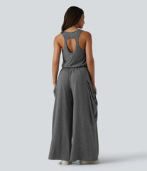 Sleeveless Cut Out Wide Leg Casual Jumpsuit with Pockets-Easy Peezy Edition