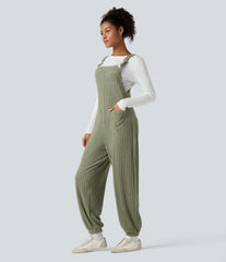Ribbed Knit Adjustable Straps Casual Joggers Overalls with Pockets