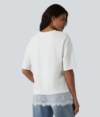 Round Neck Half Sleeve Contrast Lace Casual Cotton T-Shirt