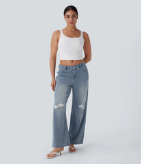Halara Flex™ Mid Rise Ripped Washed Casual Baggy Jeans With Pockets