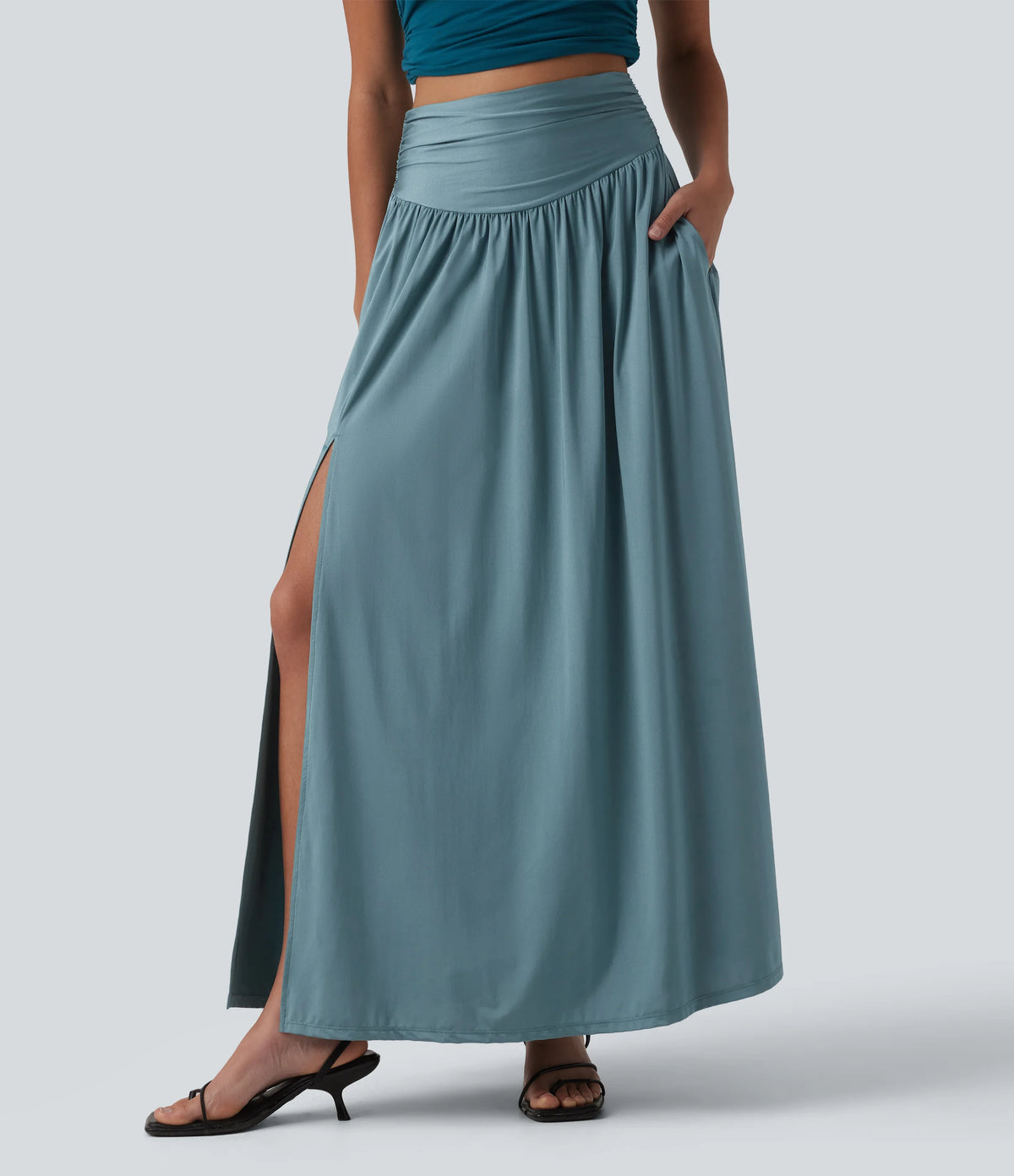 High Waisted Ruched Split 2-in-1 Maxi Stretchy Satin-Like InstantCool Party Flowy Skirt with Pockets