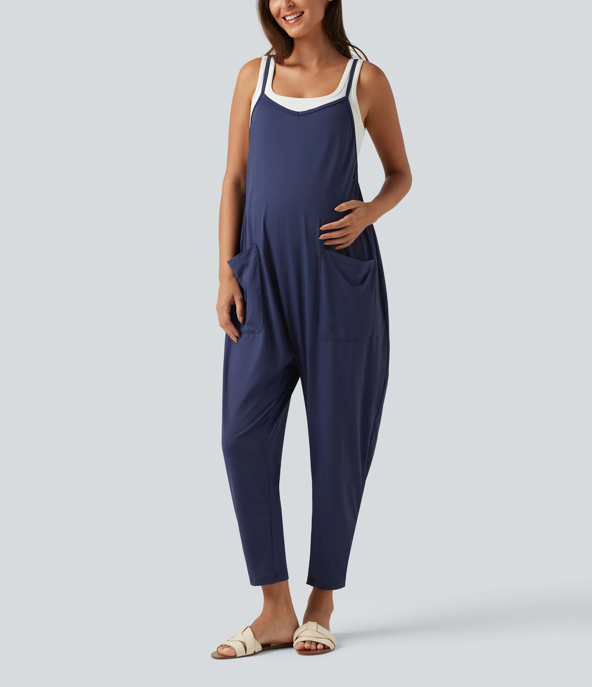Square Neck Tapered Casual Maternity Jumpsuit with Pockets