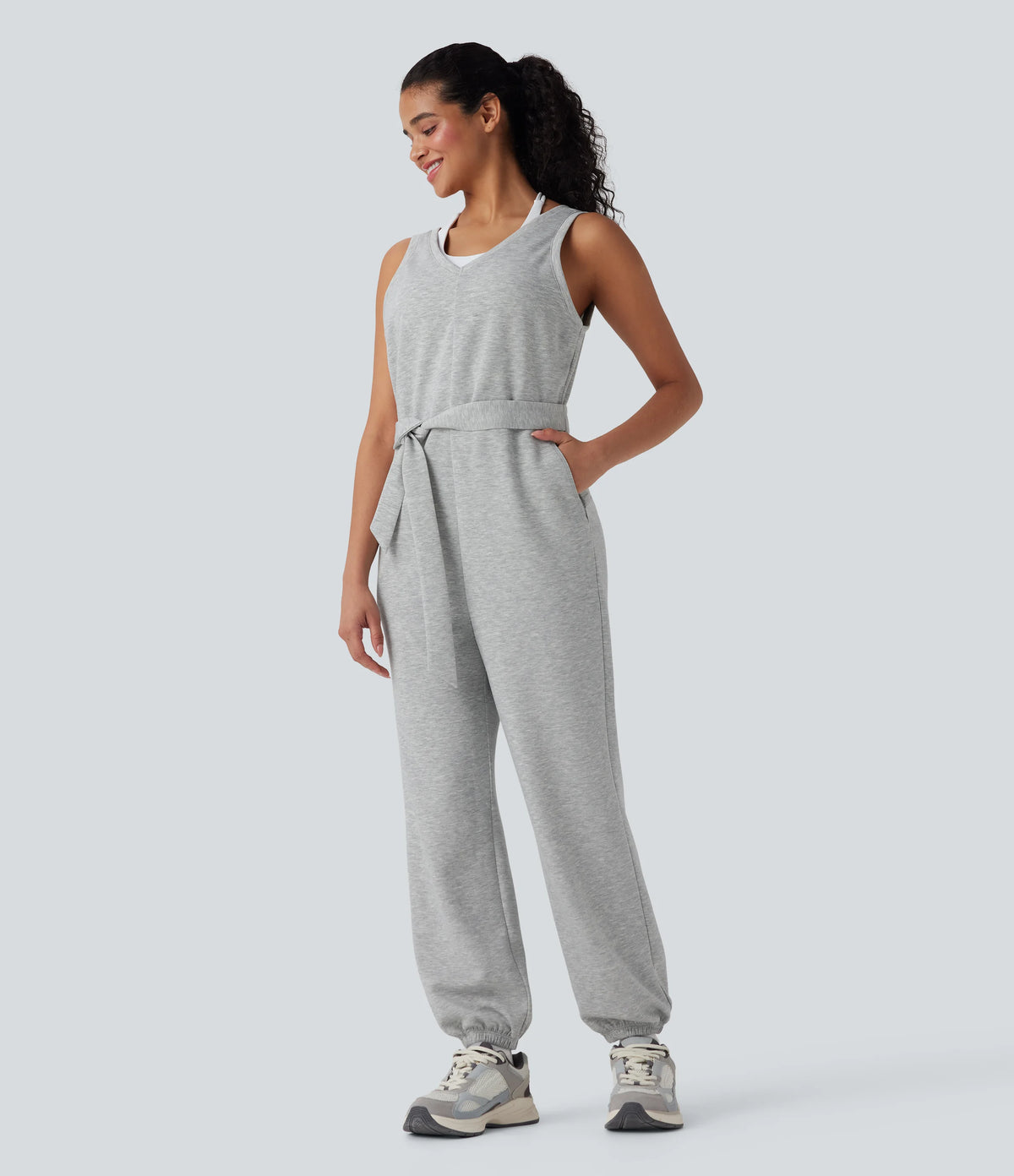 V-neck Sleeveless Belted Workout Jumpsuit with Pockets