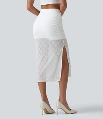 High-waisted 2-in-1 Ruched Split Bodycon Midi Bridesmaid And Wedding Guest Lace Skirt