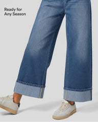 Halara Flex™ High Waisted Pockets Rolled Hem Wide Leg Washed Casual Jeans