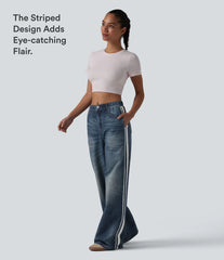 Mid Rise Denim Print French Terry Stripe Casual Sweatpants Jeans with Pockets