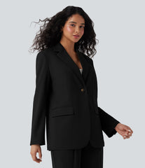 Notched Collar Long Sleeve Work Linen-Blend Blazer with Pockets